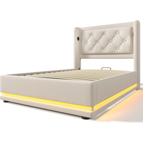 Cama individual beige tapizada de 90 x 200 cm, con canapé hidráulico e iluminación LED, cabecero acolchado y función de carga USB tipo C, apta para adolescentes y adultos (colchón no incluido). (1/5)