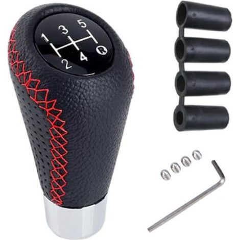 Universal Gear Shift Knob, 5-Speed Gear Shifter Knobs with 4 Adapters for Manual Cars - Red Stitching (1/5)