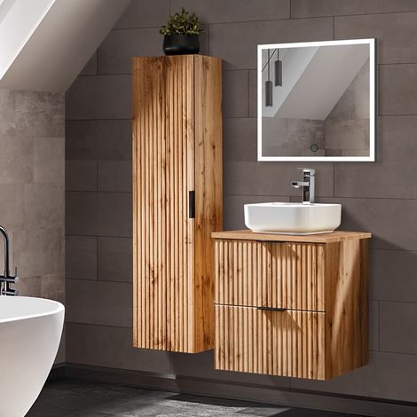 Badezimmermöbel Set Wotaneiche mit Rillenoptik LED-Spiegel & 60 cm Waschtisch-Unterschrank mit Waschbecken, Hochschrank (1/5)