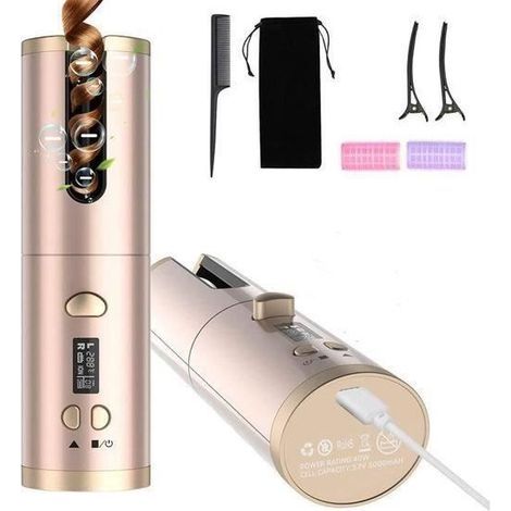 Fer à Friser Automatique Sans Fil, Fer à Boucler Auto Rotatif Portable, Boucleur a Cheveux Rechargeable USB,6 Températur-Doré (1/4)