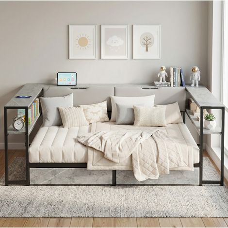 Lit banquette MDF et métal gris 140x200 cm avec ports USB/Type-C, 2 tiroirs, rangements intégrés et sommier (1/5)