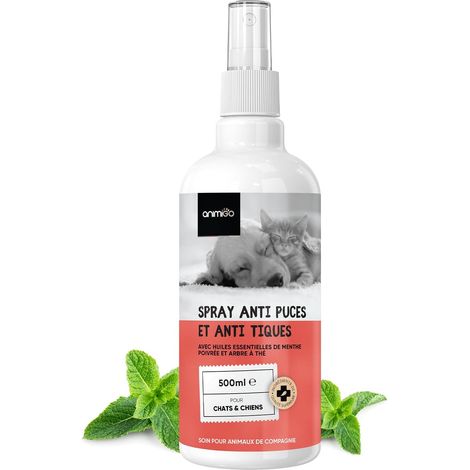 Spray Anti Puce Anti Tique Chien et Chat 500ml - Spray Non Tachant avec l'arbre à Thé, Clou De Girofle, Menthe Poivrée Chatons & Chiots - Toutes Races & Tailles (1/5)
