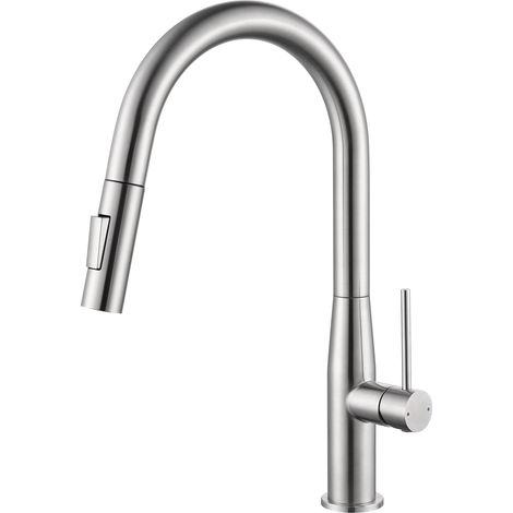 Auralum Max Robinet de cuisine extensible et pivotant à 360° – mitigeur monocommande en acier inoxydable avec 2 jets, robinet d'évier, robinet mélangeur, finition brossée (1/5)
