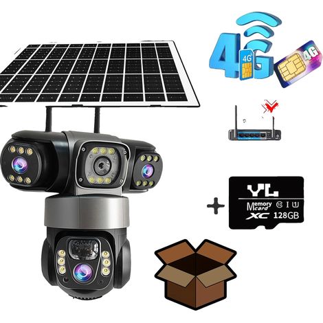 Caméra de sécurité extérieure, système à trois lentilles, alimentée par énergie solaire, Caméra 4G avec carte de 128G, Type-C, PAL (1/2)