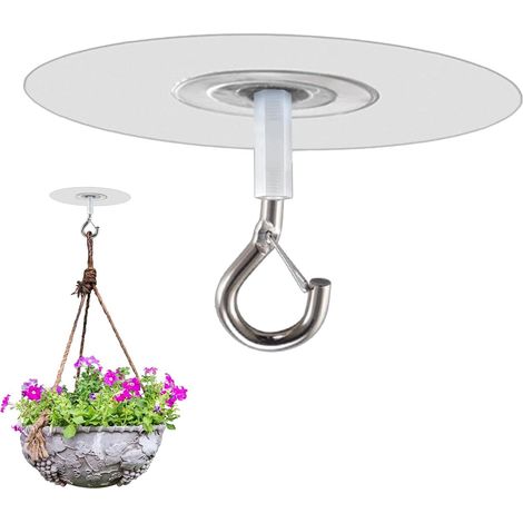 Lot de 3 crochets de plafond autocollants avec sécurité sans perçage, crochets de plafond lourds, crochets adhésifs extra puissants pour pots de fleurs, crochets de plafond avec sécurité pour, (1/5)
