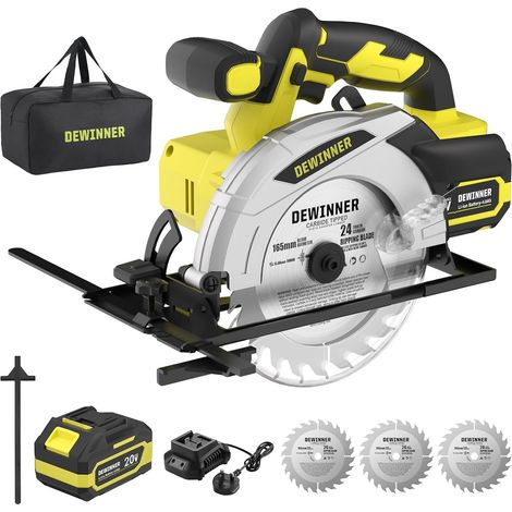 Dewinner – Scie circulaire sans fil 20V – Profondeur de coupe 54mm – Lame carbure 165mm 24 dents – Moteur 4000RPM – Batterie 4.0Ah et chargeur rapide (1/5)