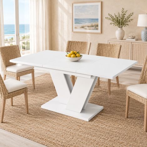 Ensemble table et chaises salle à manger 120/160x80 cm blanc avec 6 chaises beige (1/5)