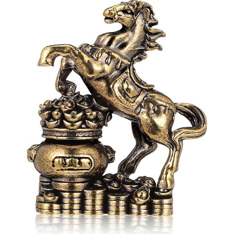 Figurine de Cheval en Laiton Doré Signe Zodiaque Chinois 2026, Décoration Feng Shui pour Maison et Bureau, Design Créatif Compact et Élégant (1/5)