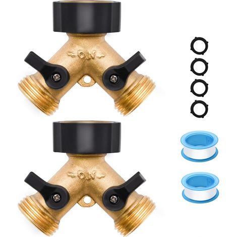 Lot de 2 répartiteurs de tuyau d'arrosage 2 voies/4 voies, 1/2/4 en laiton robuste, pour raccord de tuyau d'arrosage de 1,9 cm, collecteur de tuyau d'arrosage en laiton avec rondelles et rubans en (1/5)