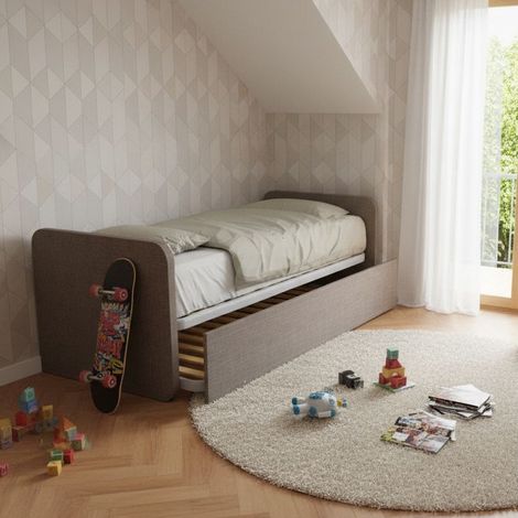 Letto singolo con letto estraibile, trasformabile in matrimoniale. Testate personalizzabili, reti in acciaio e doghe in faggio - Grigio fumo
