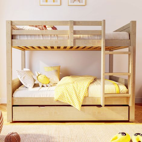 Lit superposé - Gigogne Convertible 3-en-1 - 90x200 cm - Barrières de sécurité, charge 120 kg - Bois - Naturel (1/5)