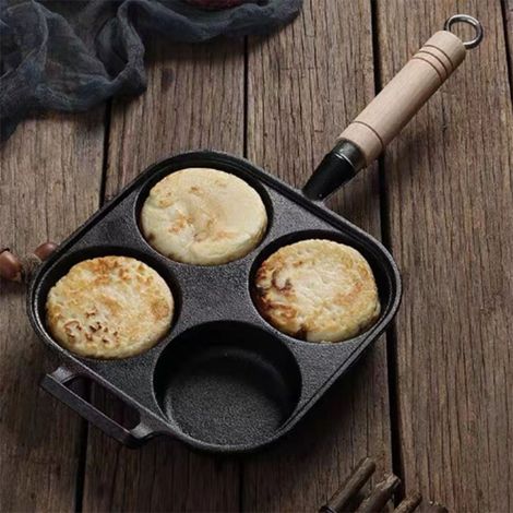 Sartén para panqueques, sartén profunda antiadherente con espátula y brocha de aceite, 4 cavidades de acero inoxidable para cocinar rápidamente por la mañana. (1/5)