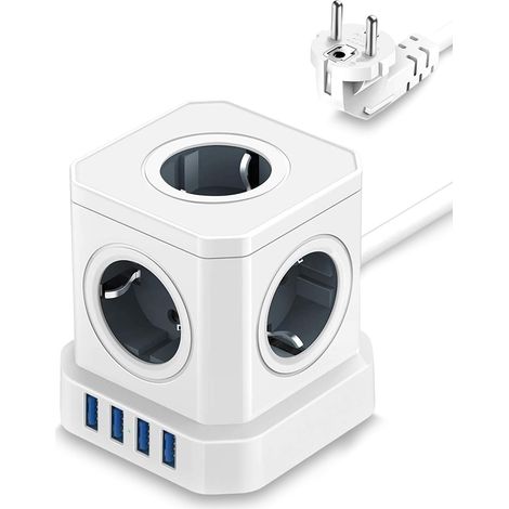 Multiprise Cube avec 4 Ports USB, Rallonge Électrique 2 m,Bloc Multiprise 9 en 1 avec 5 Prises 13A 3250W, Protection contre les Surtensions, Prise Multiple pour Bureau, Maison, PC,TV, Téléphone, Blanc (1/5)