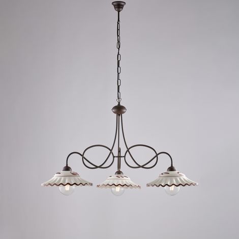 Lustre Bistrot Fer Noir, Décor Rouille, Diffuseurs Céramique D.30, Blanc Et Marron, 3 Lumières, Déco Rustique