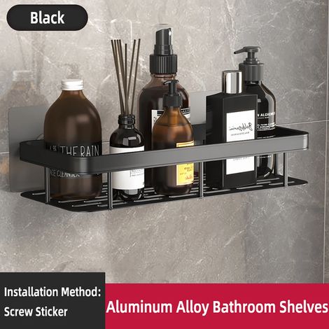 (Noir - 1 pièce) Étagère murale rectangulaire pour salle de bain, porte-serviettes, porte-shampoing mural, support trépied sans perçage. (1/5)
