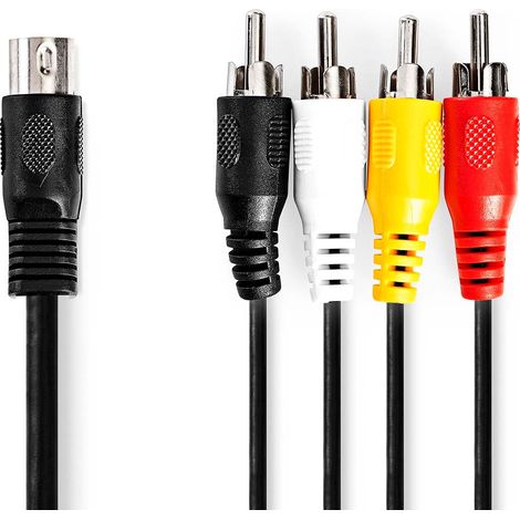 Cable de luz DIN  Conector DIN de 5 pines  4x RCA Hane  Níquel plateado  1,00m  Redondo  PVC  Negro  Etiqueta