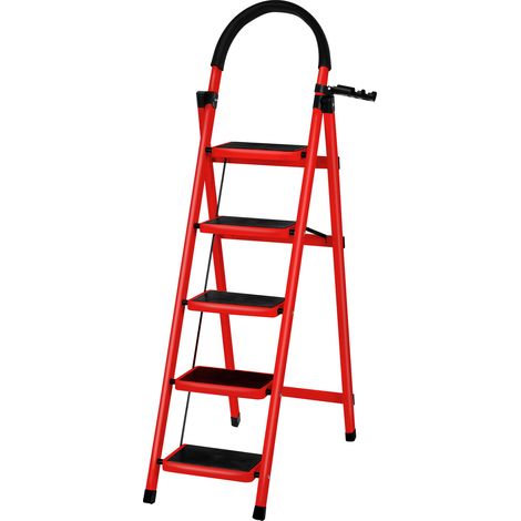 Professionelle 5-stufige Klapptrittleiter mit rutschfester, breiter Stufe, mit Griff, Sicherheit – Ideal für Bau, Malerarbeiten und Renovierung – Rot (1/5)