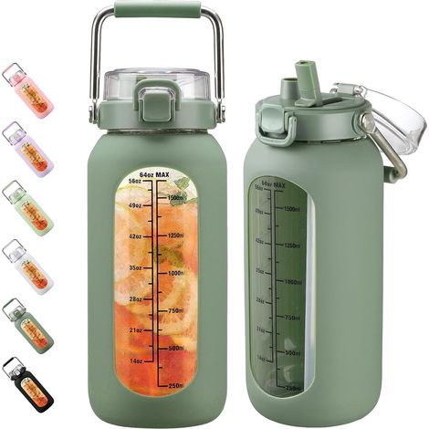 2000ml Gourde en Verre avec Poignée en Inox et Marqueur de Temps Verre de Motivation 2L avec Manchon en Silicone et Paille pour Gym Office Extérieur Sport Bouteilles d'eau Sans BPA, Olive