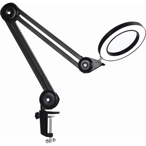 Magnifying lamp, work lamp - with 160 mm glass lens, 5 diopters, metal clip, swivel arm, 3-color dimmable light, Black (1/5)