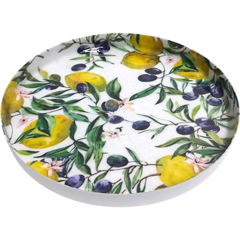 Piatto decorativo limone e oliva per la cucina, elegante vassoio in metallo, ideale come decorazione da tavola e come regalo