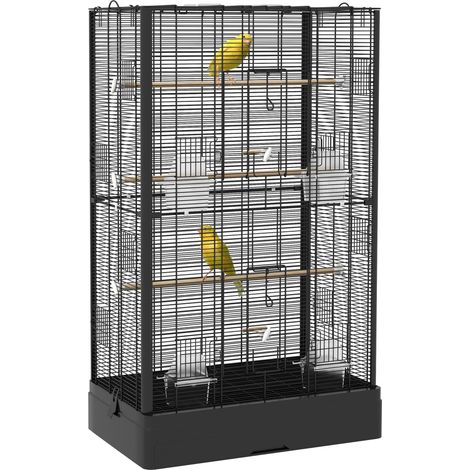 Gabbia voliera uccelli nera con porte e trespoli, per canarini, parrocchetti, pappagalli, 61x36,5x98 cm