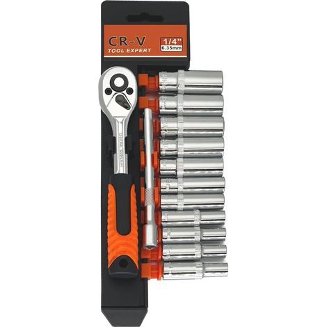 13-teiliger 1/4"-Ratschenschlüsselsatz, 1/4"-Antriebs-Steckschlüsselsatz, Cr-V-Sechskant-Steckschlüssel, Wendeschlüssel mit langer Verlängerungsstange (4-14 mm) (1/5)