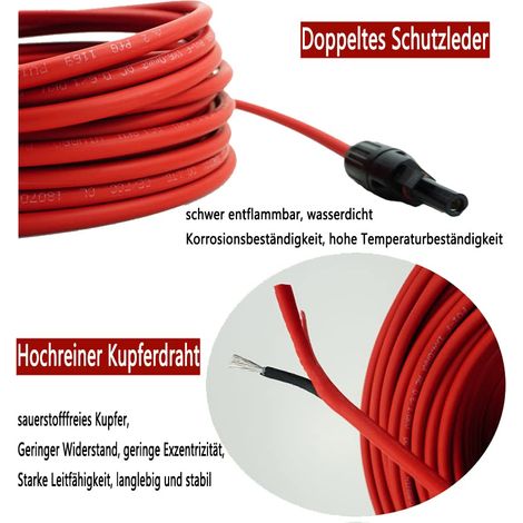 Cable de extensión para panel solar - 1m/2m/3m/5m/10m/20m/30m 10 AWG (6mm²/4mm²), arnés de cableado adaptador con conector, cable eléctrico de cobre estañado - Rojo + negro (6mm²/4mm²)