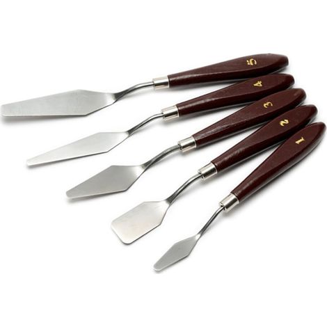 Couteau à palette, ensemble de 5 couteaux en métal avec manche en bois rouge, pour la peinture et les beaux-arts. (1/5)