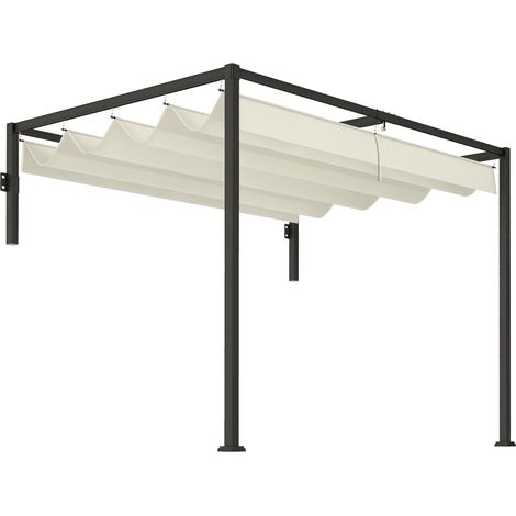 Outsunny pérgola con techo retráctil pérgola de pared 3x2 m cenador con tela de poliéster resistente al agua pabellón para jardín exterior crema