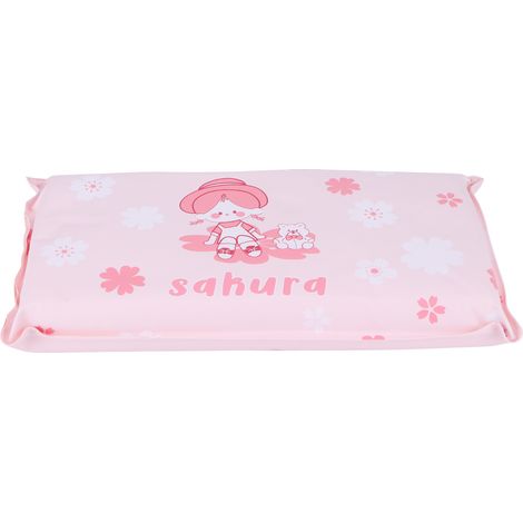 Oreiller rafraîchissant pliable à cristaux de glace pour réduire la température et faire la sieste, pour enfants et adultes, motif petite fille sur fond rose. (1/5)
