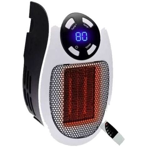 Mini calefactor de cerámica de 500 vatios, calefactor portátil económico, calefactor enchufable con termostato y temporizador, para oficina, dormitorio, sala de estar (blanco, con control remoto) (1/4)