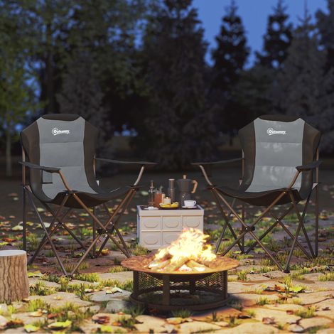Lot de 2 chaise pliante camping rembourrée à dossier haut avec porte-gobelet. charge 120Kg. gris foncé