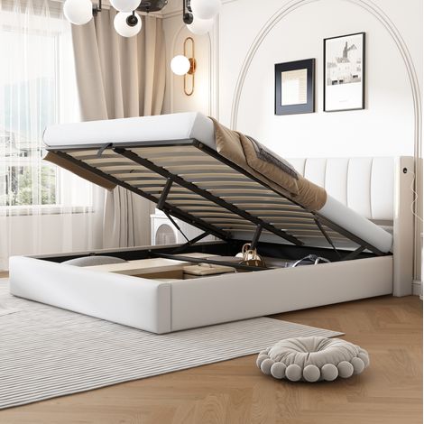 Bett modern 140x190 cm in weißem PU mit Stauraum, LED, USB/Type-C, Lattenrost und verstellbarem Kopfteil (1/5)