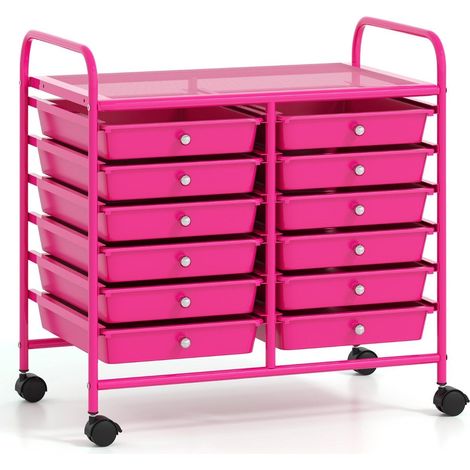 Carrello portaoggetti mobile con 12 cassetti impilabili rosa scuro