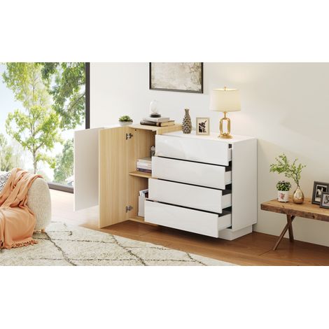 Buffet blanc laqué brillant, meuble de salle à manger moderne avec rangement, meuble de rangement moderne minimaliste couleur bois