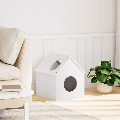 Niche pour chat blanche, mesurant 41x50x50 cm, en bois de pin massif.