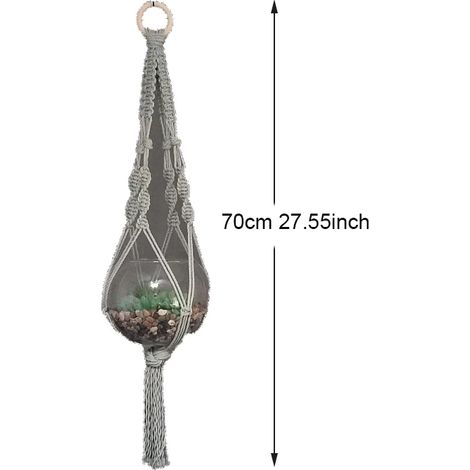 (Gris 70 cm) Porte-plantes bohème coloré en macramé, tissé à la main en 100 % coton, pour pots de fleurs, bonsaïs et décoration intérieure. (1/4)