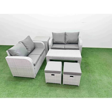 Fimous 6 Seater Outdoor Love Sofa Set Rattan Garden Furniture Set with Oblong Coffee Table 2 Small Stools Side Table Light Grey (1/4)