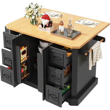 Îlot de cuisine mobile noir 120 x 45 x 91 cm, desserte avec 6 tiroirs, placard à 2 portes, plan de travail effet bois (1/5)