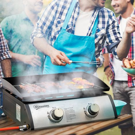 Plaque barbecue gaz table 2 brûleurs 6kW 48,5x46x21cm, noir