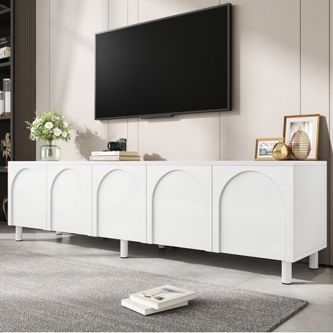 Meuble TV 180x38x45 cm avec 5 portes et passe-câbles, pieds en métal, rangement pour salon, MDF - blanc (1/5)