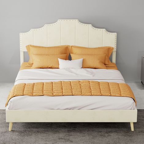 Lit rembourré moderne et minimaliste, tête de lit confortable et douce, 140200CM, beige, meuble de chambre multifonction, cadre de lit bas sans barre de levage, matelas non inclus. (1/5)