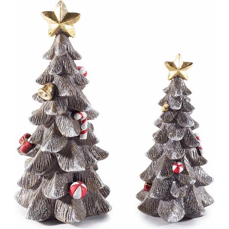 Alberi di Natale in resina con decori e stella dorata in set da due pezzi, Grande: Ø 12,5 cm x 25,5 H