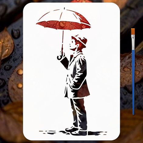 Pochoir Peinture Homme au Parapluie avec Pinceau 21x29.7 cm Gabarit Dessin Homme Tenant un Parapluie Plastique PET Gabarit pour Peinture sur Bois Tissu Vêtements (1/5)