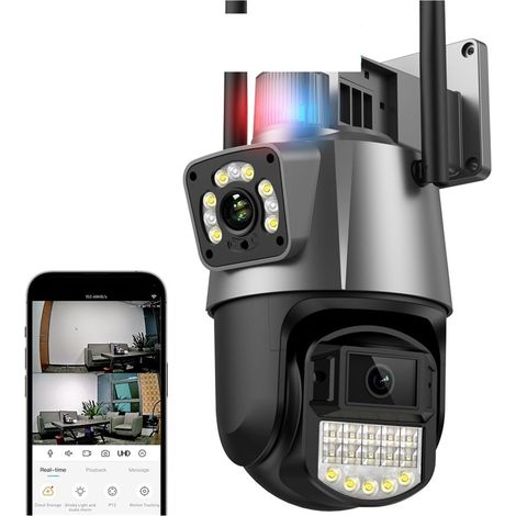 Caméra de sécurité à domicile Caméra de Surveillance extérieure PTZ HD 4K 8MP, double objectif, double écran, suivi automatique AI, vidéosurveillance 4MP, alarme lumineuse de Police(8MP NO SD Card) (1/5)