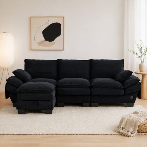 Sofá modular de 3 plazas 260x132x84 cm en pana negra con puf para salón – MEUBLIV (1/5)