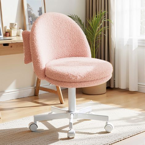 Chaise de maquillage, chaise de bureau, pivotante, sans accoudoirs, avec support dorsal, chaise de bureau confortable sur roulettes, hauteur réglable, en molleton Rose.