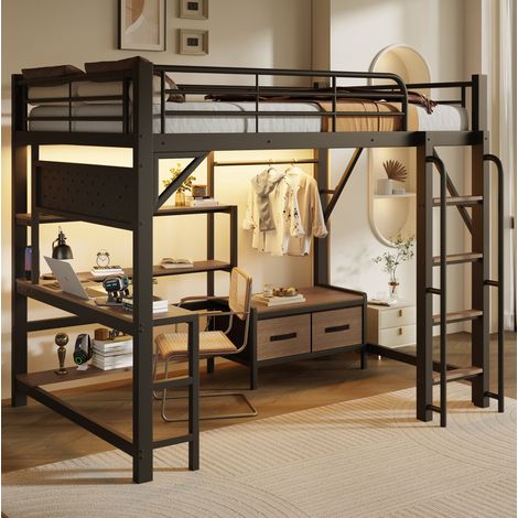 Hochbett (204 x 158 x 170.5 cm), mit Schreibtisch, LED Lichtleiste, USB Anschluss, Stahl und MDF, Schwarz (1/5)