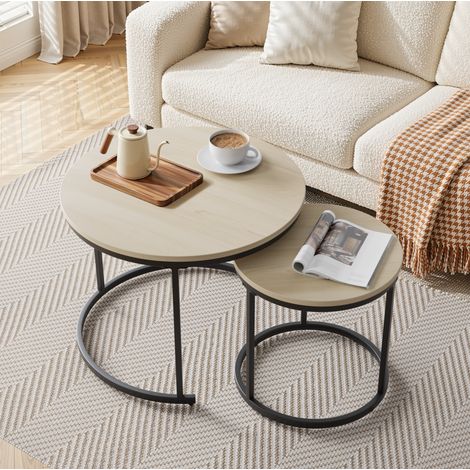Runder Couchtisch, 2er Set ineinander schiebbar mit Metallgestell, Moderner Stil, für Wohnzimmer, Eiche (1/5)