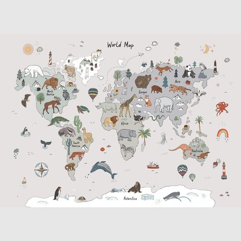 Papier peint intissé - Carte du monde des animaux gris (gribouillage) - 375x270 cm (1/4)